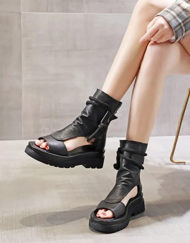 Comfortable Soft Leather Open Toe Platform Sandals