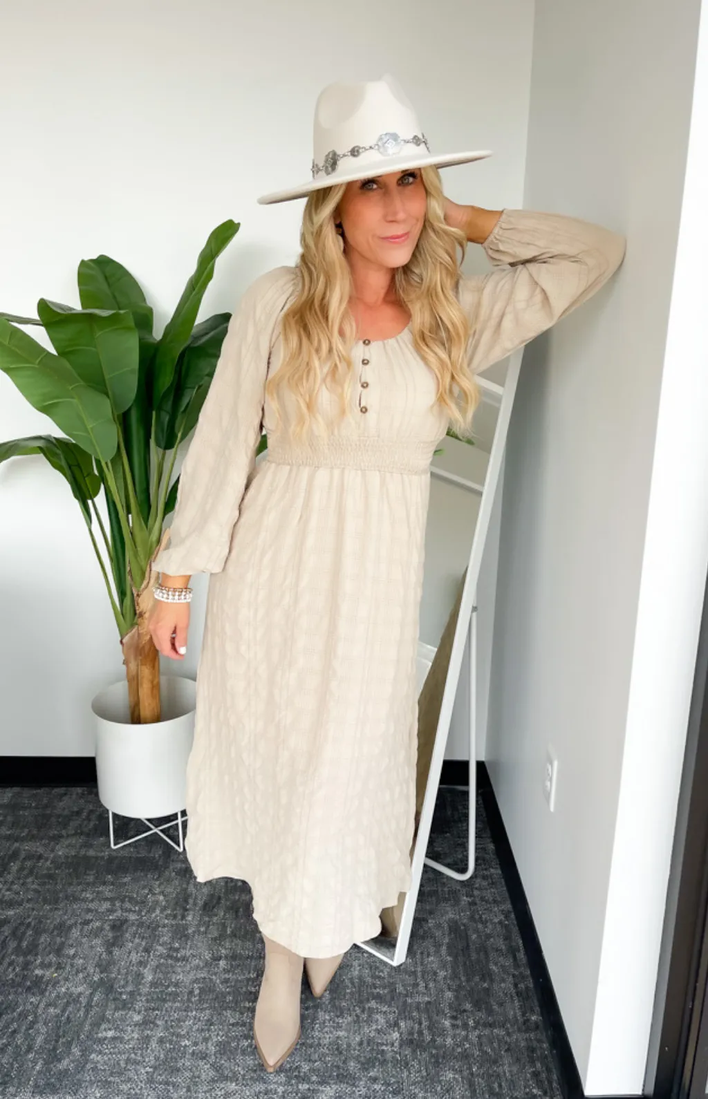 Elodie Long Sleeve Taupe Midi Dress