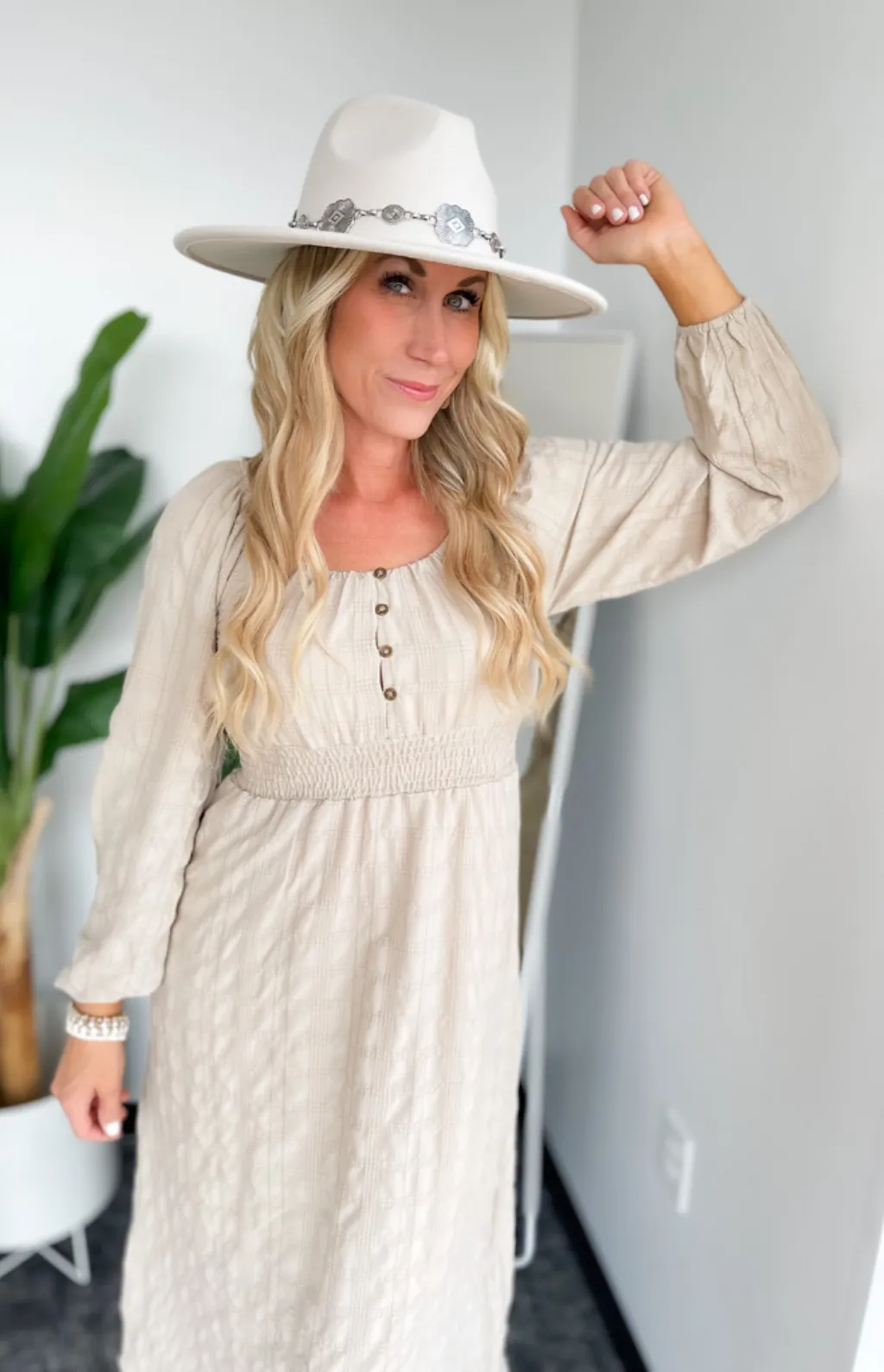 Elodie Long Sleeve Taupe Midi Dress