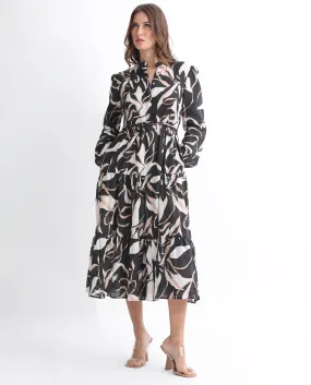 Rareism Women Zigzora Black Cotton Fabric Full Sleeves Ruffled Neck Regular Fit Abstract Print Knee Length A-Line Dress