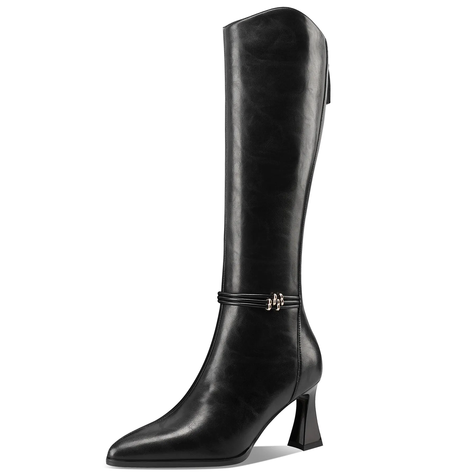 TinaCus Handmade Women's Genuine Leather Pointed Toe Zip Up Spool Heel Knee High Boots