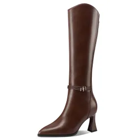 TinaCus Handmade Women's Genuine Leather Pointed Toe Zip Up Spool Heel Knee High Boots