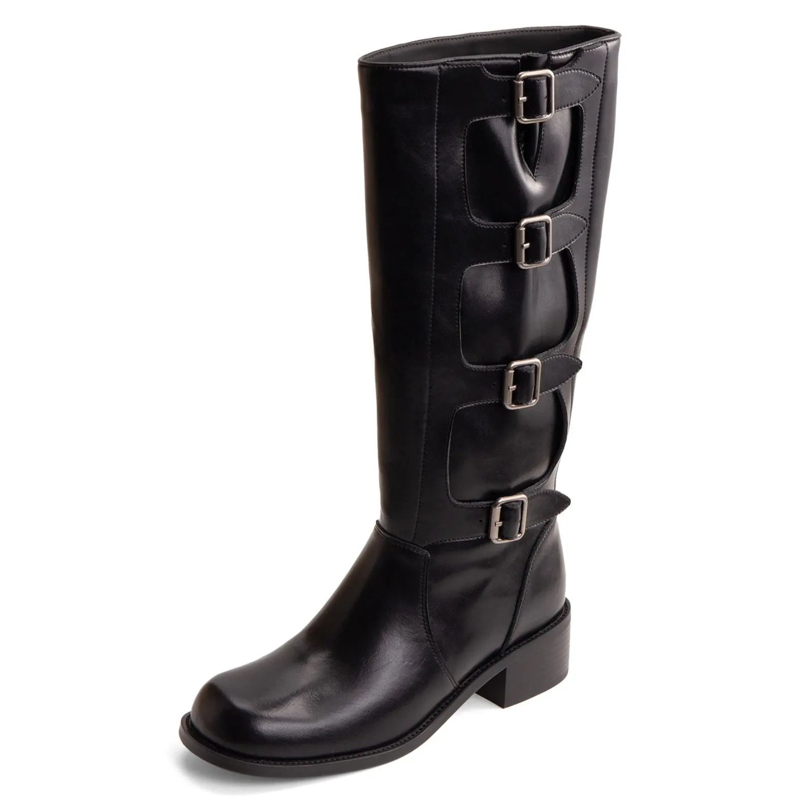 TinaCus Handmade Women's Genuine Leather Round Toe Chunky Heel Buckles Modern Knee High Boots