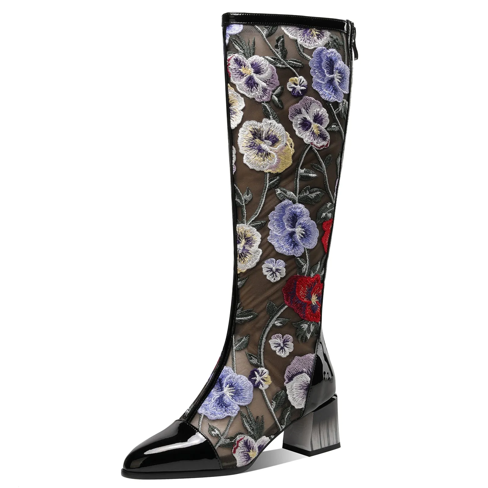 TinaCus Women's Genuine Leather Mesh Embroidery Flowers Block Heel Handmade Back Zip Summer Knee High Boots