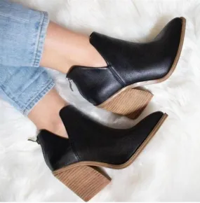 Women ankle boots side v cut back zipper stacked heel booties