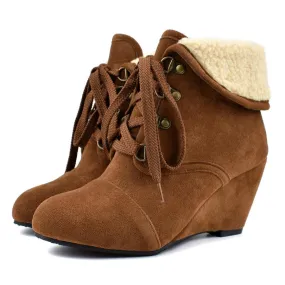 Women winter wedge lace up turn edge ankle boots